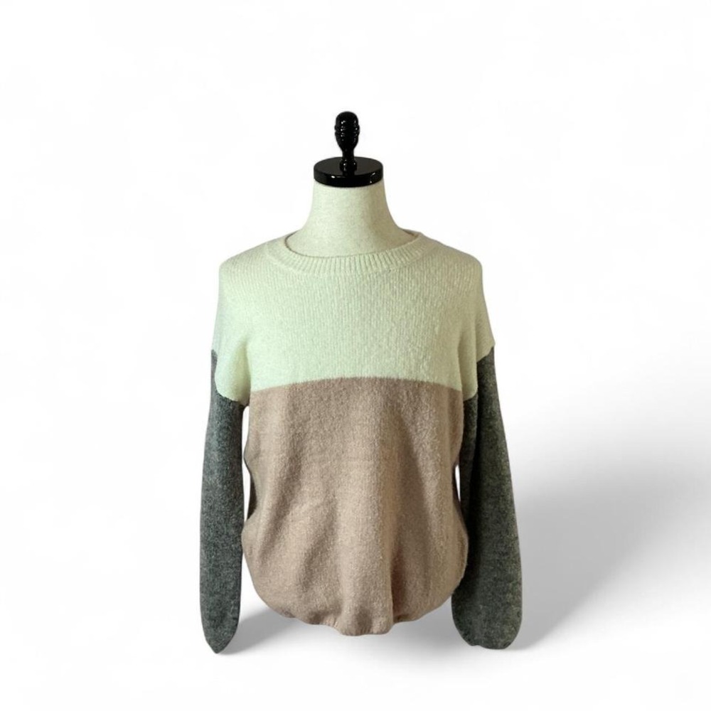 Dreamers Color Block Knit Sweater Cream Beige Grey Pullover‎ M/L